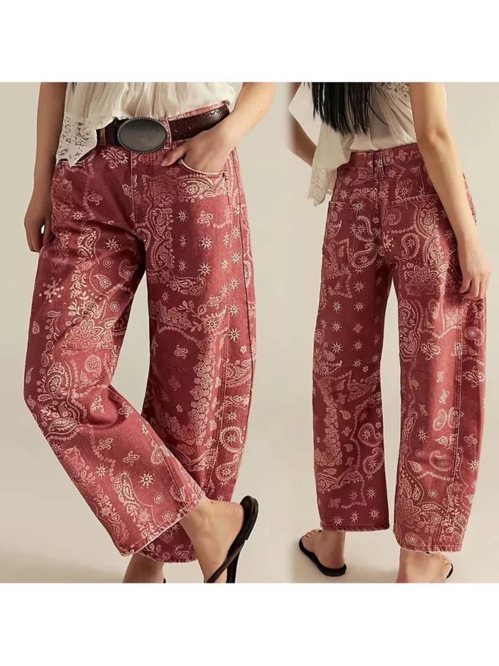 (A20) Bandana Print Barrel Leg Jeans